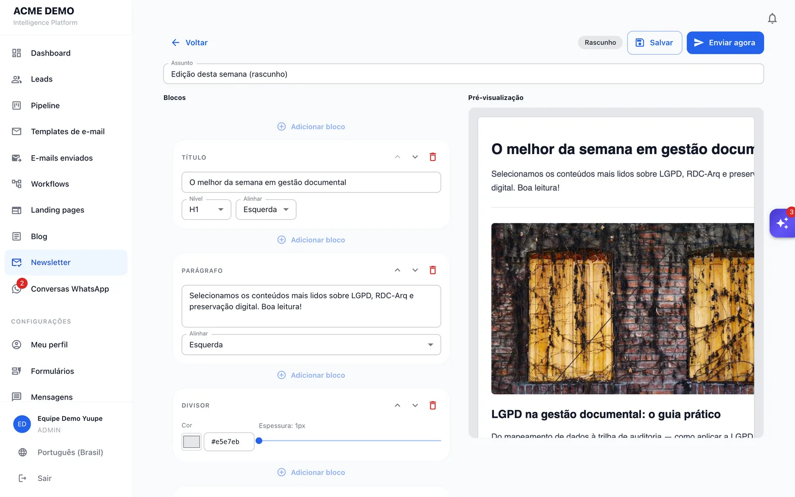 Editor de newsletter em blocos